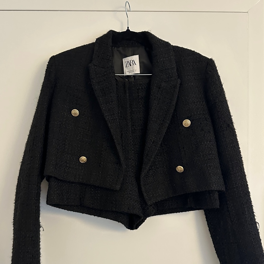 Zara Tweed High Waisted Short Suit Set in Black